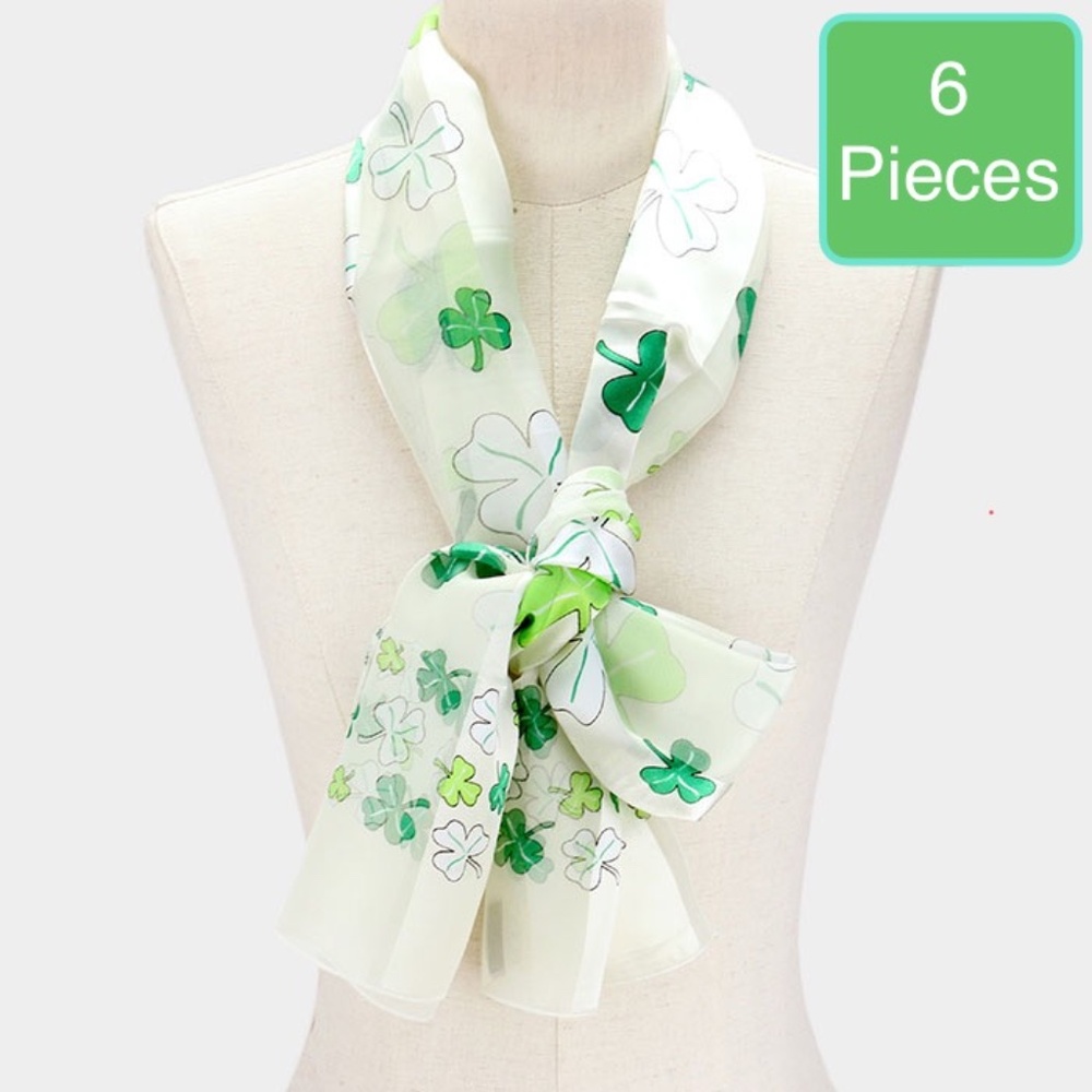 6 Pieces - Silk Feel Satin Striped Clover Print Scarf St Patrick’s Irish Day